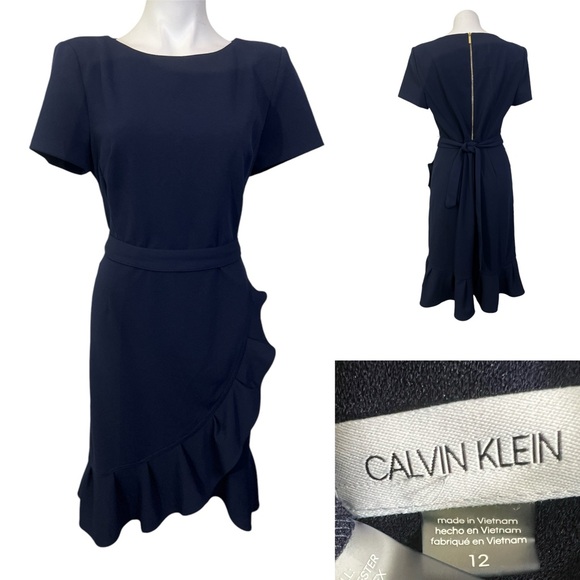 Calvin Klein Dresses & Skirts - Calvin Klein dress 12 navy blue ruffle tie-waist knee length office career -5